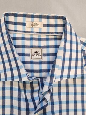 Peter Millar Large Blue and White Plaid Button-Down Shirt Dry Cleaned Long Sleev